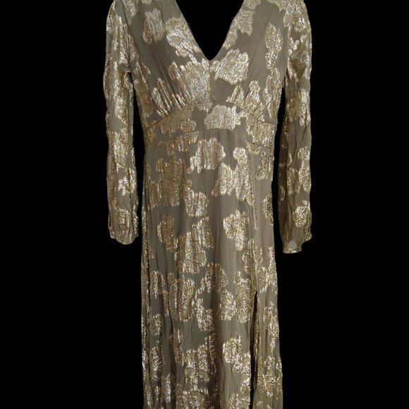 EN CRÈME V-neck Kimono Sleeve Maxi Gold Metallic Dress Boho L - Picture 3 of 12